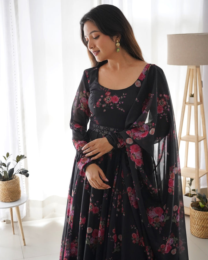 Black Color Floral Print Soft Organza Silk Kali Cut Anarkali Suit
