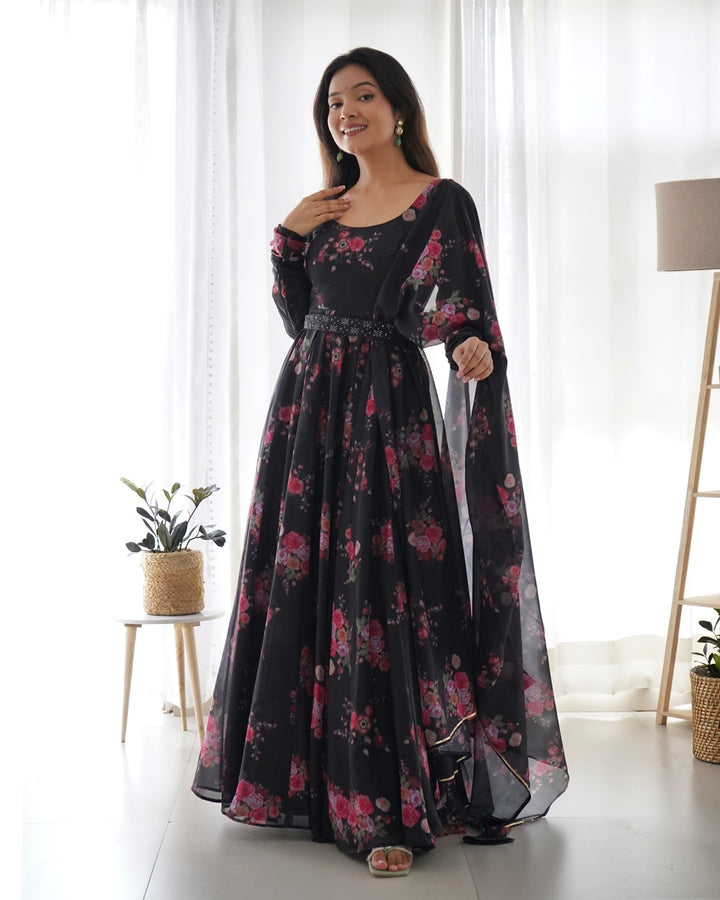 Black Color Floral Print Soft Organza Silk Kali Cut Anarkali Suit