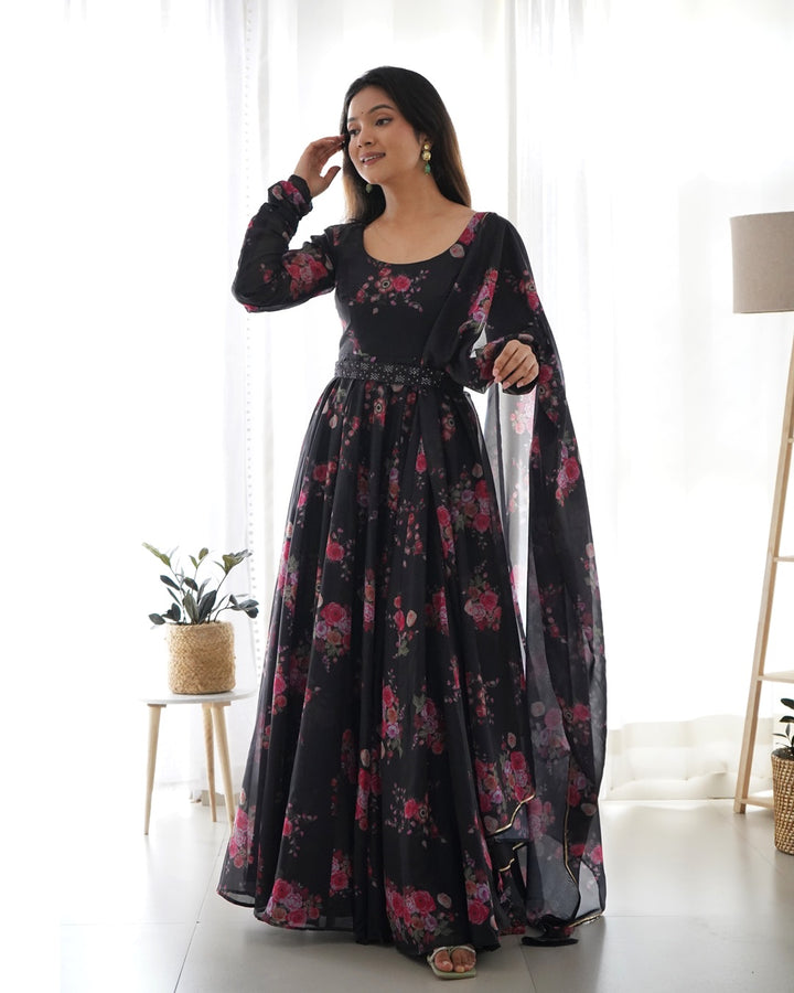 Black Color Floral Print Soft Organza Silk Kali Cut Anarkali Suit