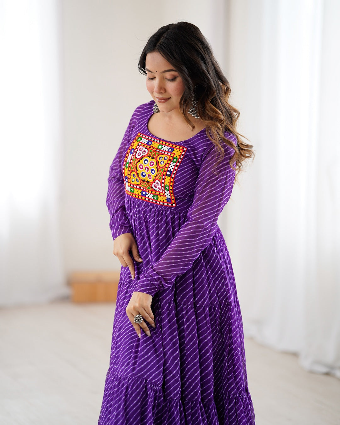 Traditional Purple Laheriya Print Navratri Gown