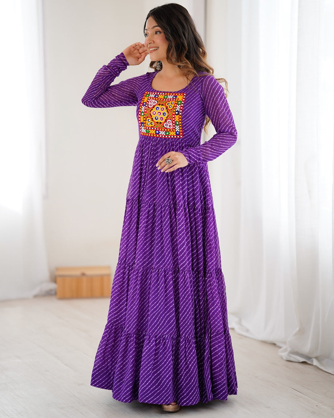 Traditional Purple Laheriya Print Navratri Gown