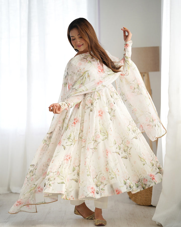 White Color Pure Soft Organza Three Piece Anarkali Suit