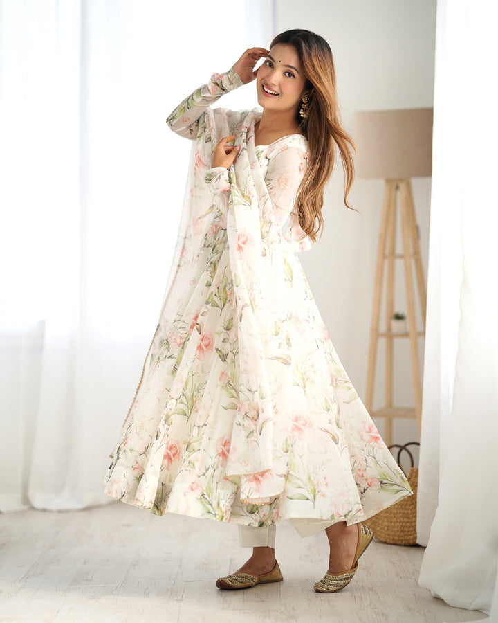 White Color Pure Soft Organza Three Piece Anarkali Suit