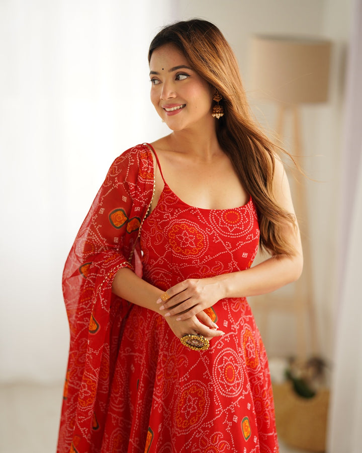 Floral Red Bandhani Print Soft Chiffon Anarkali Gown Set (3 Pieces)