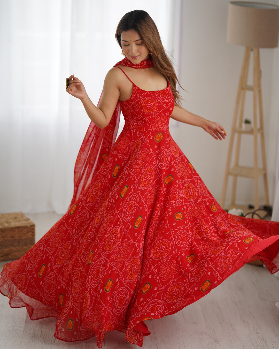 Floral Red Bandhani Print Soft Chiffon Anarkali Gown Set (3 Pieces)