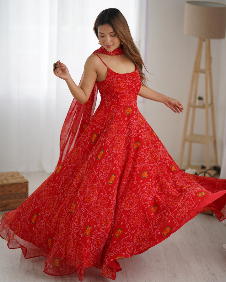 Floral Red Bandhani Print Soft Chiffon Anarkali Gown Set (3 Pieces)