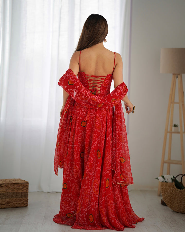 Floral Red Bandhani Print Soft Chiffon Anarkali Gown Set (3 Pieces)