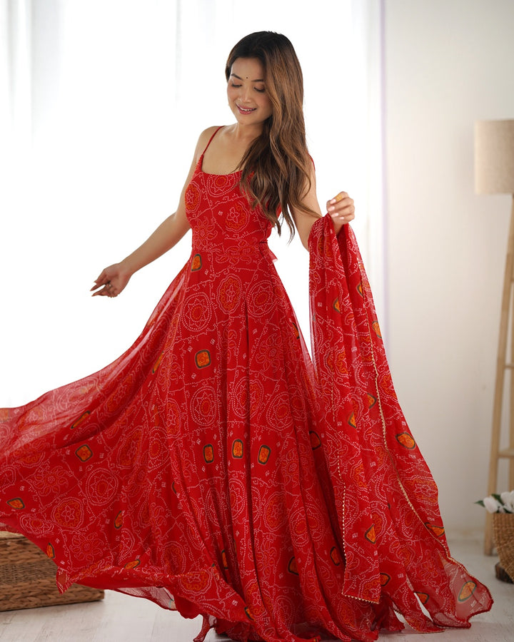 Floral Red Bandhani Print Soft Chiffon Anarkali Gown Set (3 Pieces)