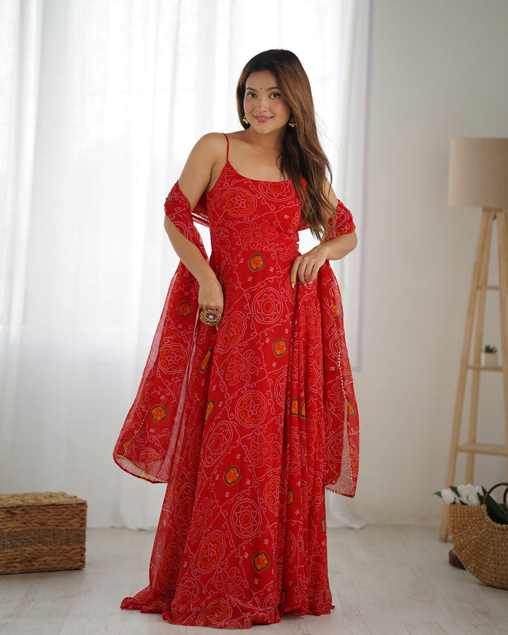 Floral Red Bandhani Print Soft Chiffon Anarkali Gown Set (3 Pieces)