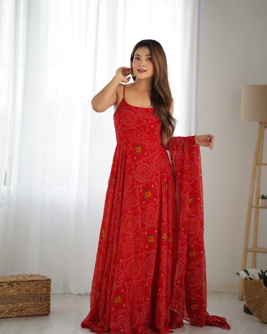 Floral Red Bandhani Print Soft Chiffon Anarkali Gown Set (3 Pieces)