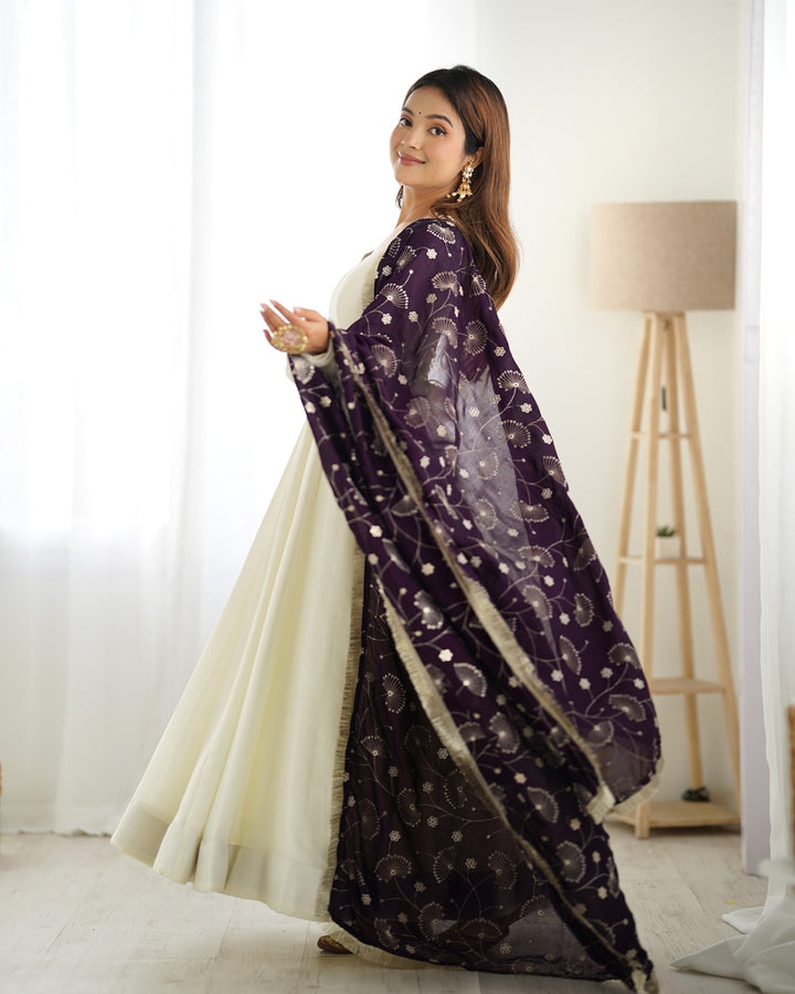 White Color Soft Vichitra Silk Anarkali With Dark Purple Dupatta