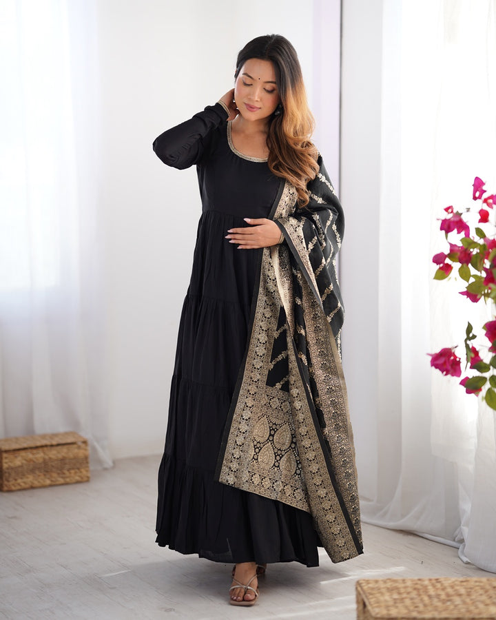 Black Color Pure Roman Silk Ruffle Style Anarkali Suit
