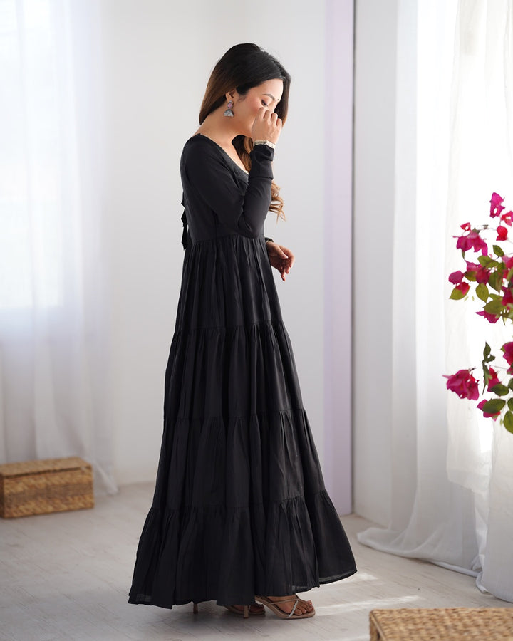 Black Color Pure Roman Silk Ruffle Style Anarkali Suit