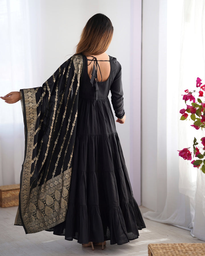 Black Color Pure Roman Silk Ruffle Style Anarkali Suit