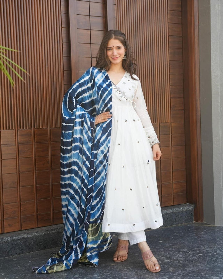 Classic White Embellished Roman Silk Anarkali Suit