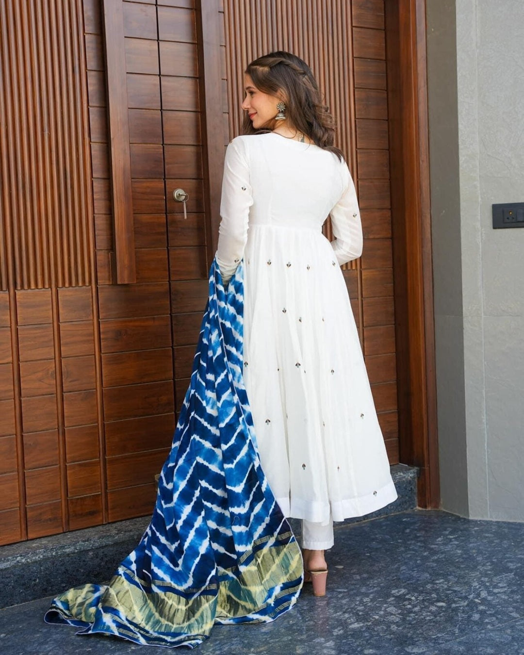 Classic White Embellished Roman Silk Anarkali Suit