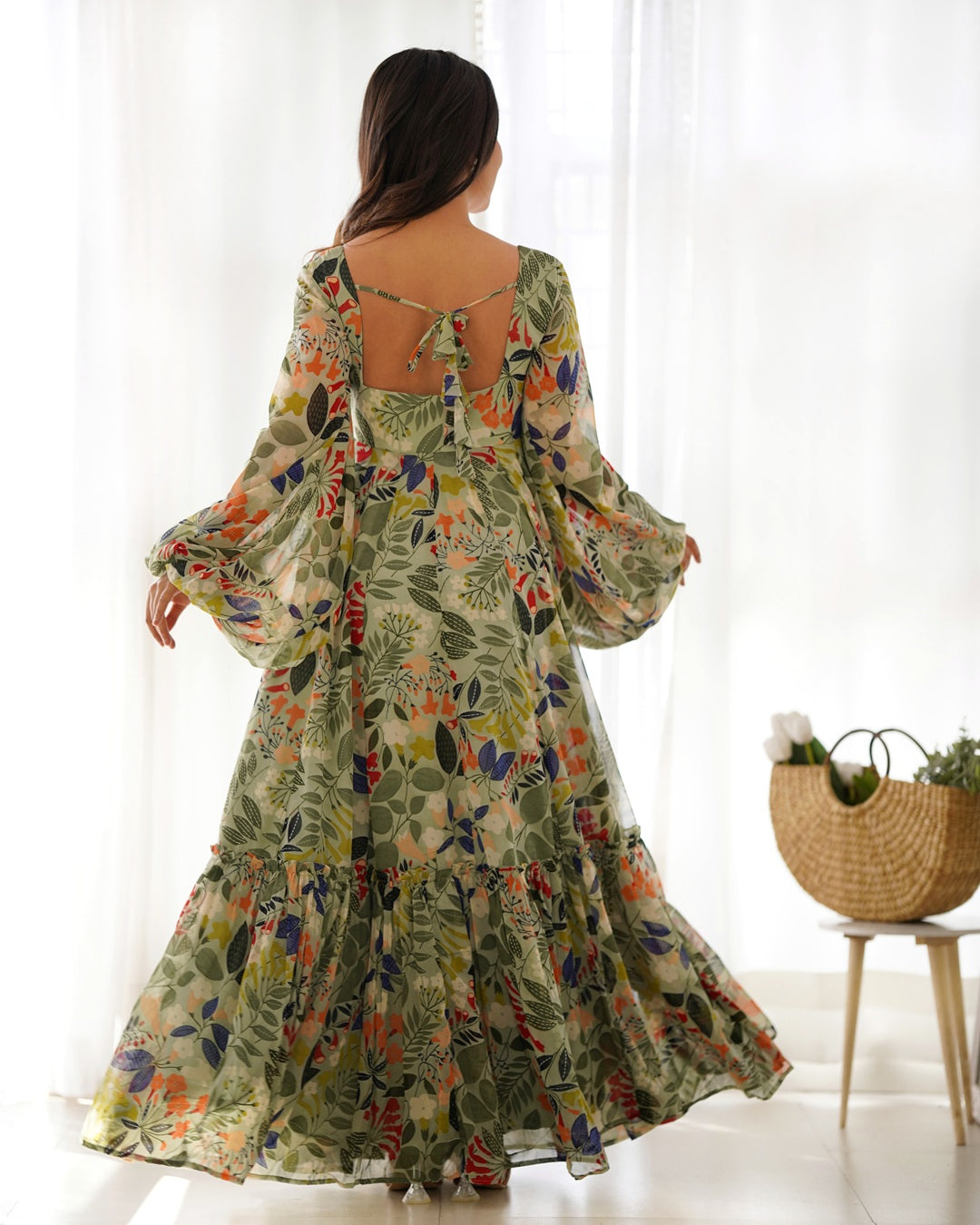 Maxi Style Pista Color Faux Georgette Gown With Balloon Sleeves