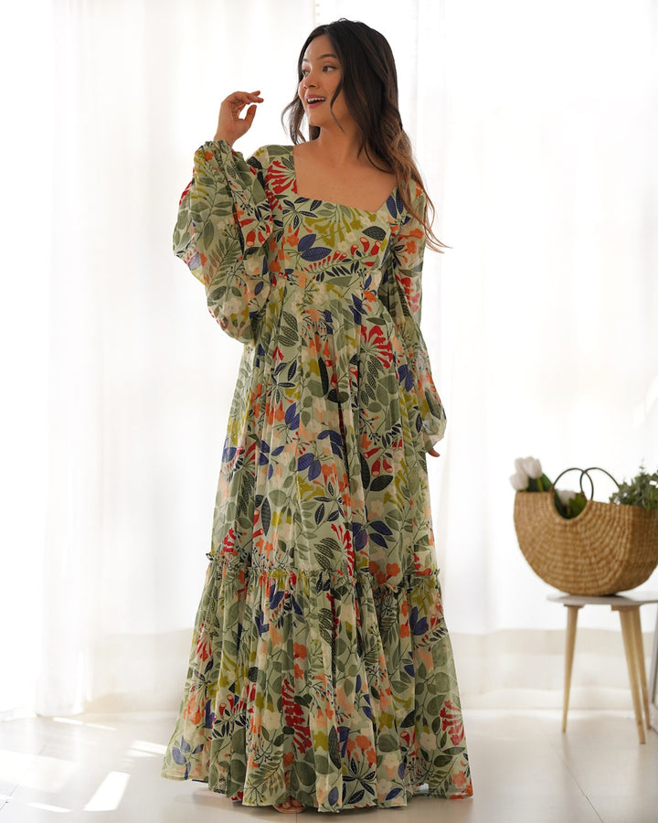 Maxi Style Pista Color Faux Georgette Gown With Balloon Sleeves
