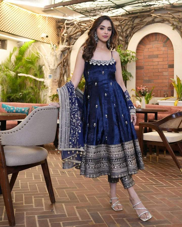 Royal Blue Anarkali Set in Vichitra Silk – Designer Edition