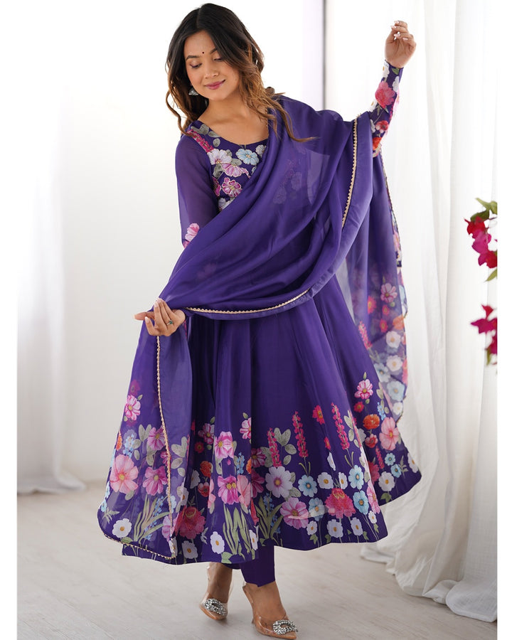 Purple Floral Print Organza Three Piece Anarkali Suit