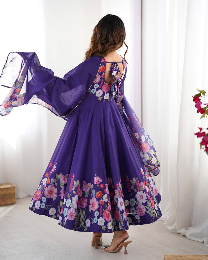 Purple Floral Print Organza Three Piece Anarkali Suit