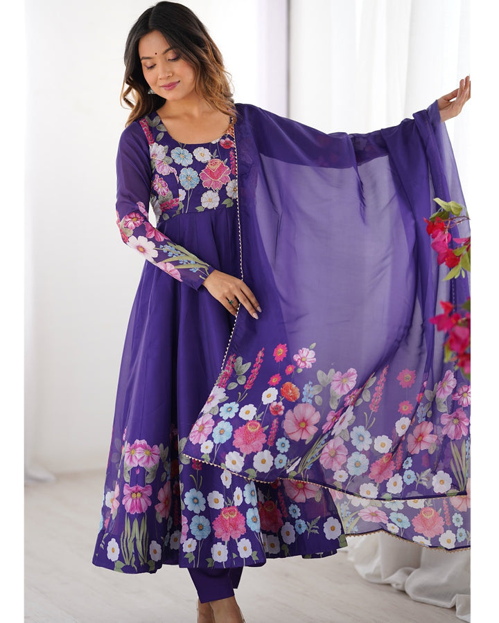 Purple Floral Print Organza Three Piece Anarkali Suit