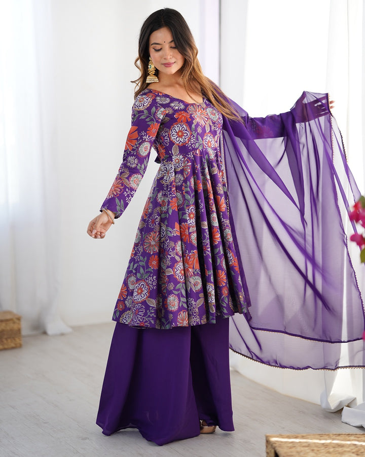 Purple Color Roman Silk Discharge Printed Plazzo Suit