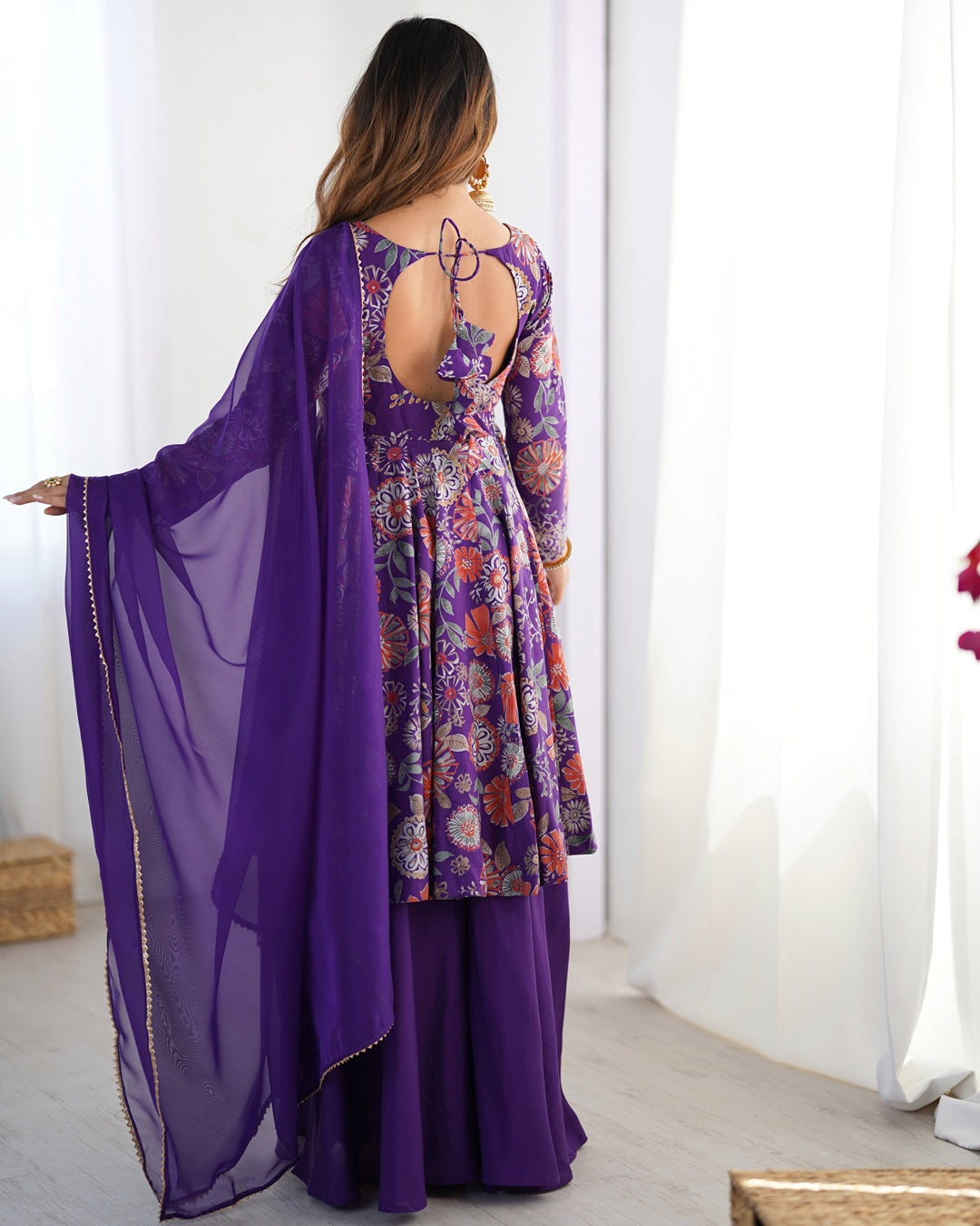 Purple Color Roman Silk Discharge Printed Plazzo Suit