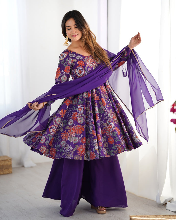 Purple Color Roman Silk Discharge Printed Plazzo Suit