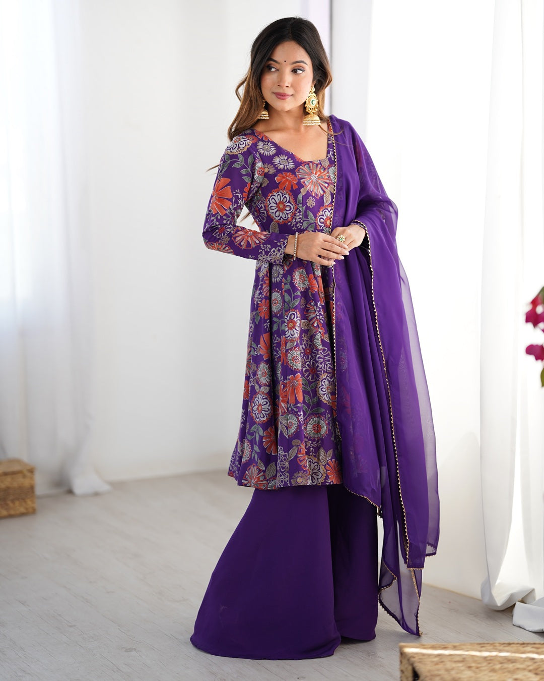 Purple Color Roman Silk Discharge Printed Plazzo Suit