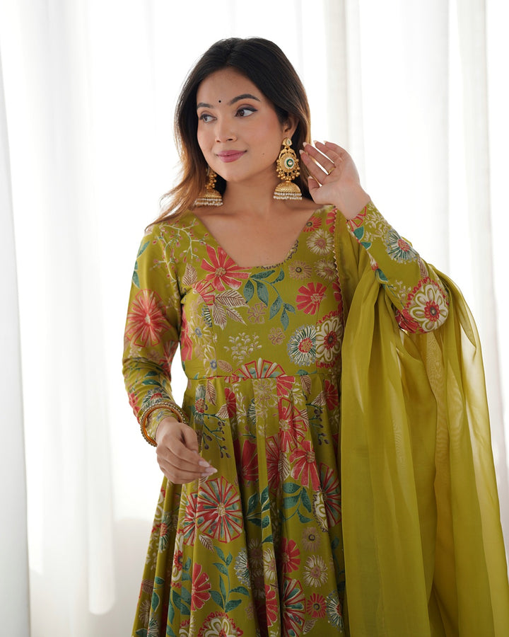 Mehndi Color Roman Silk Discharge Printed Plazzo Suit