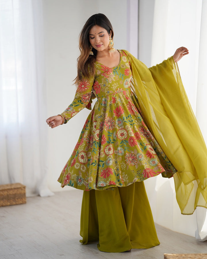 Mehndi Color Roman Silk Discharge Printed Plazzo Suit