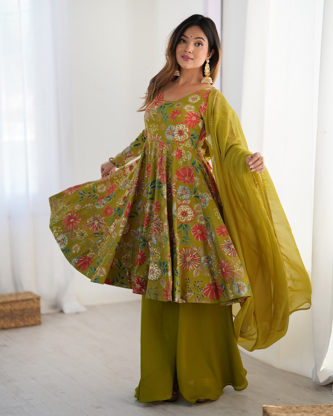 Mehndi Color Roman Silk Discharge Printed Plazzo Suit