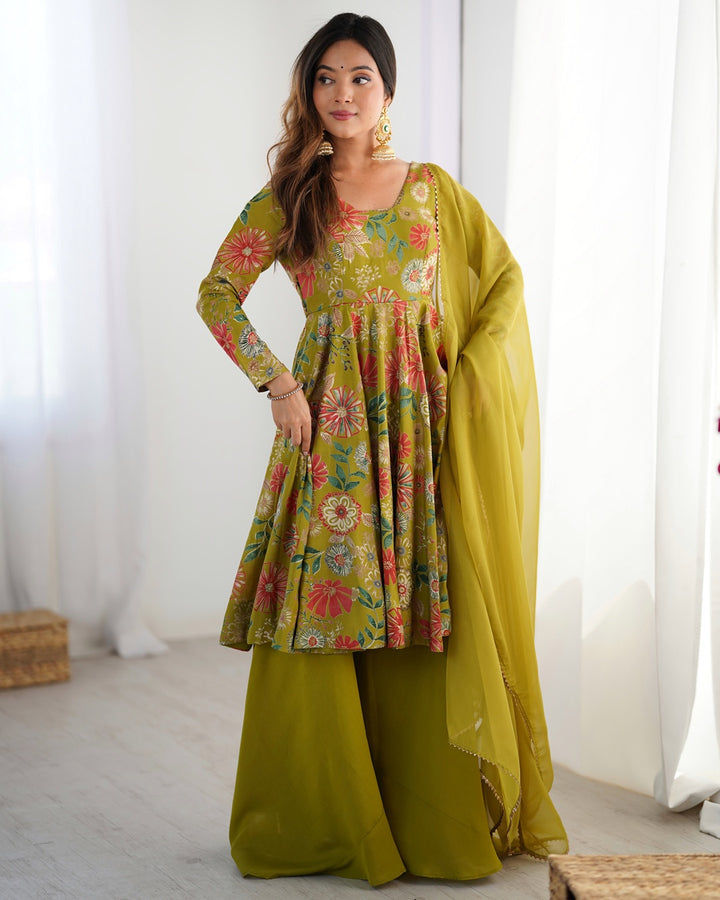 Mehndi Color Roman Silk Discharge Printed Plazzo Suit