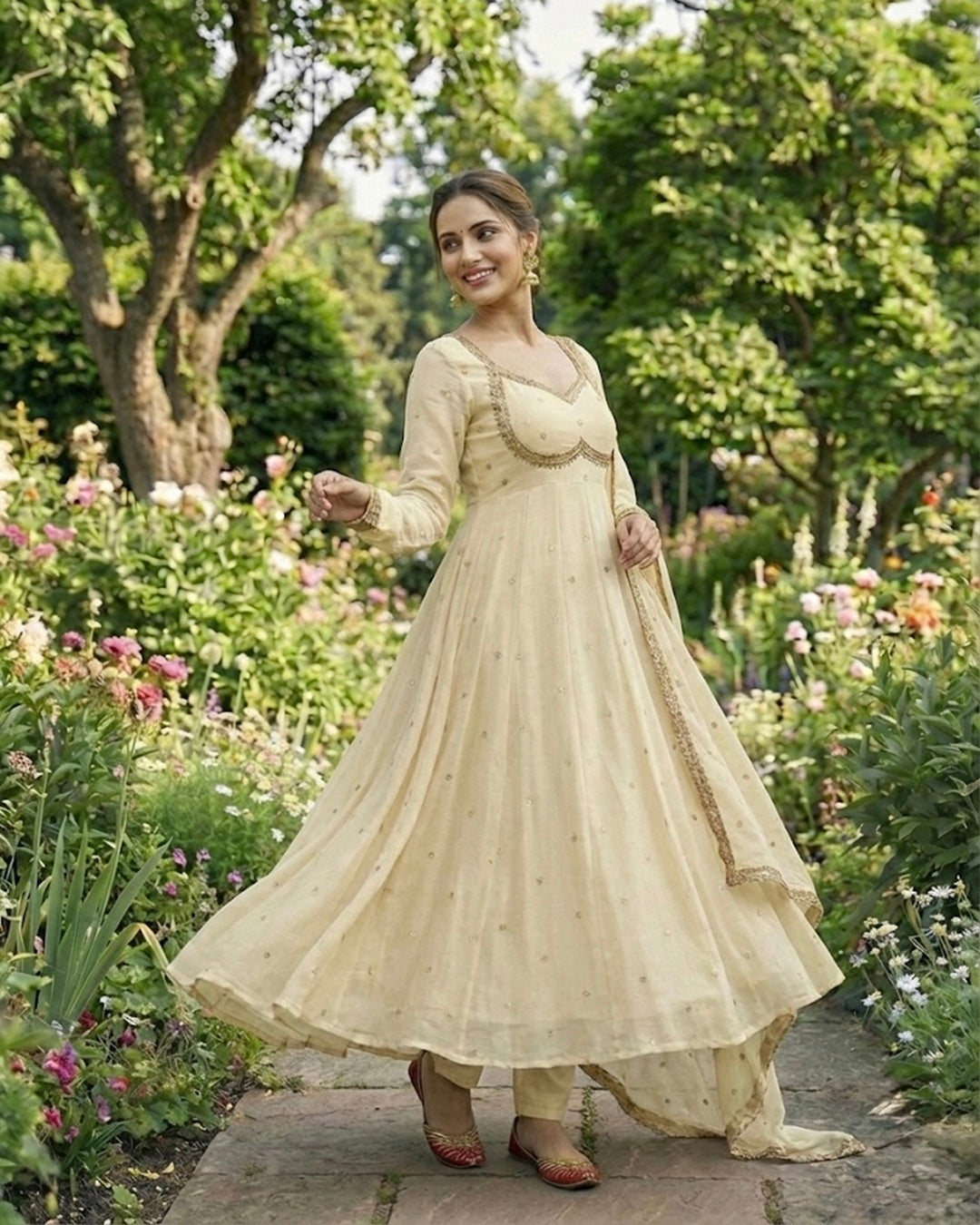 Ivory Royal Fendi Satin Anarkali Set with Rembo Sequin Embroidery