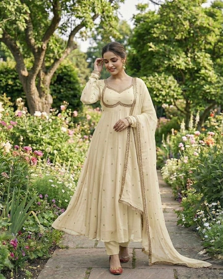 Ivory Royal Fendi Satin Anarkali Set with Rembo Sequin Embroidery