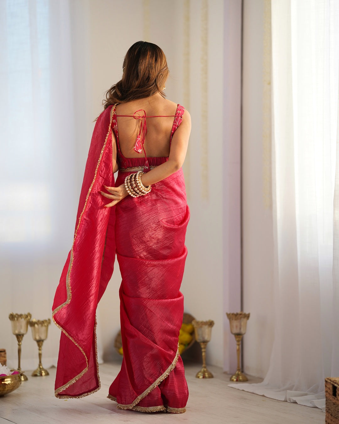 Rani Pink Color Tissue Silk Pre Draped Saree