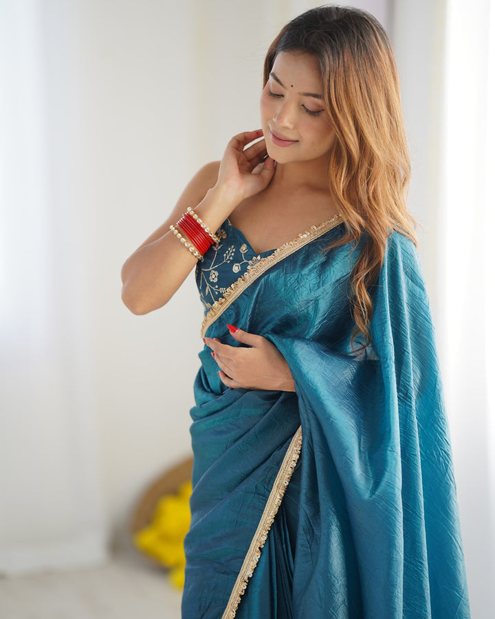 Teal Blue Color Tissue Silk Pre Draped Saree