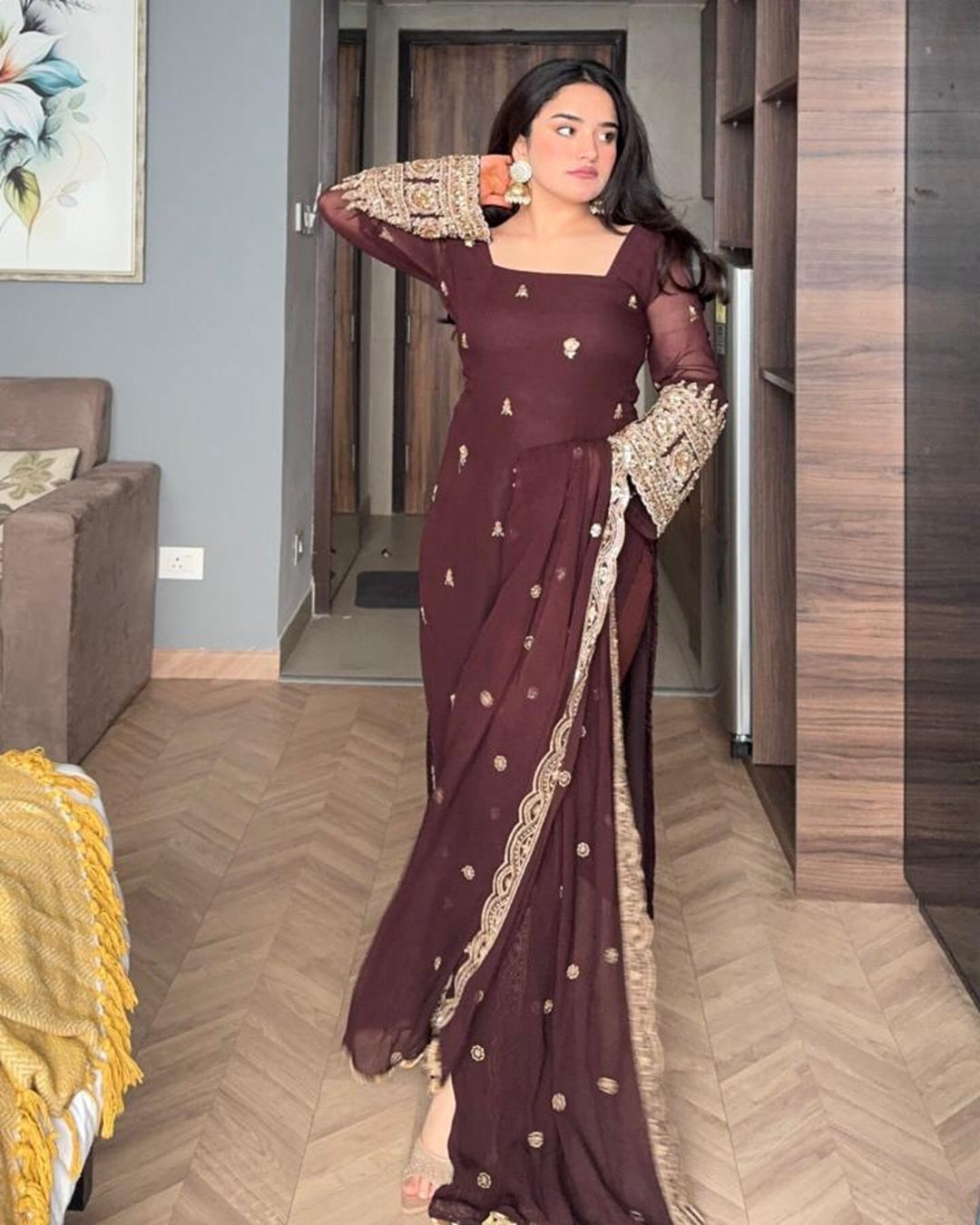 Brown Soft Georgette Embroidered Suit Set | Premium Readymade 3 Piece Ethnic Wear