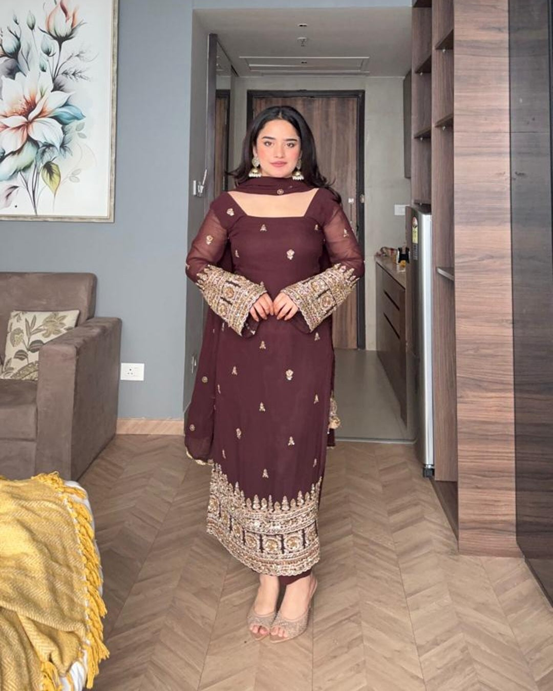 Brown Soft Georgette Embroidered Suit Set | Premium Readymade 3 Piece Ethnic Wear