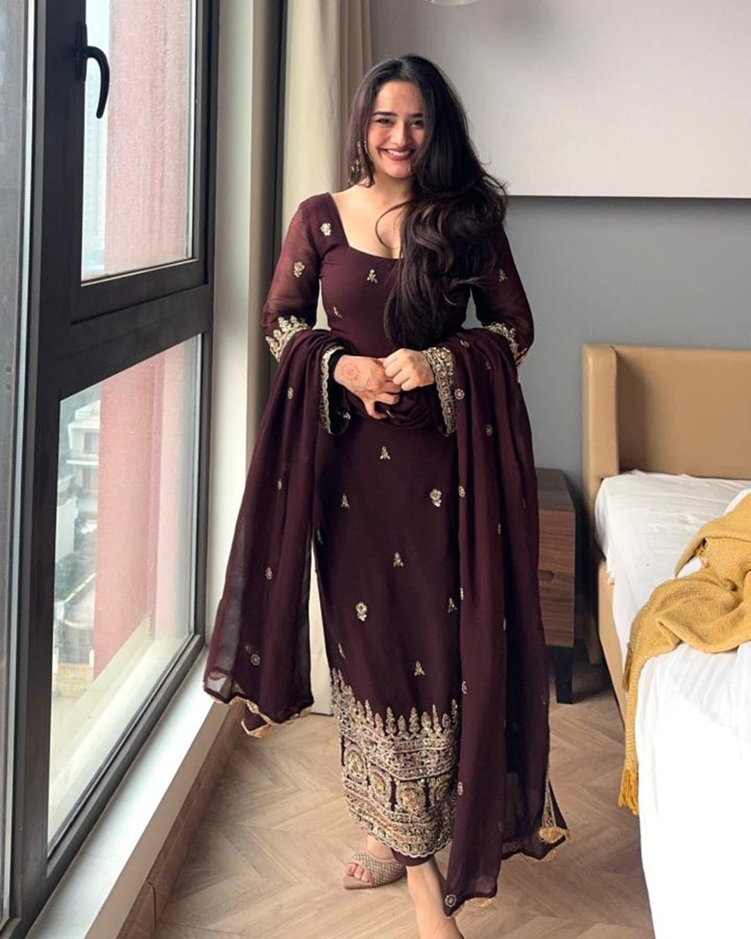 Brown Soft Georgette Embroidered Suit Set | Premium Readymade 3 Piece Ethnic Wear