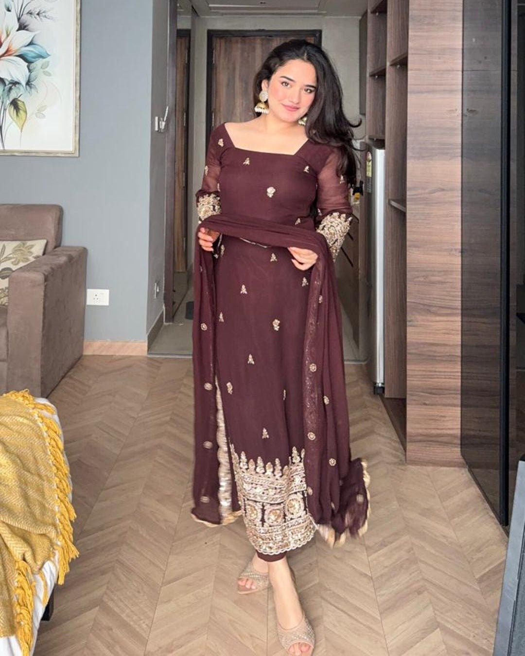 Brown Soft Georgette Embroidered Suit Set | Premium Readymade 3 Piece Ethnic Wear