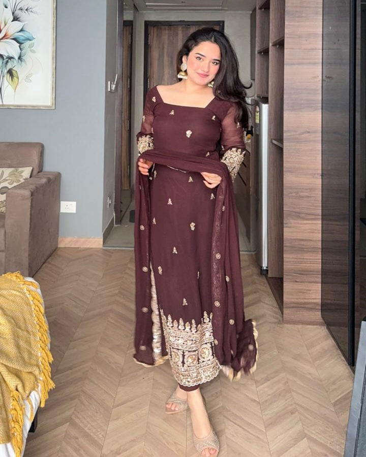 Brown Soft Georgette Embroidered Suit Set | Premium Readymade 3 Piece Ethnic Wear
