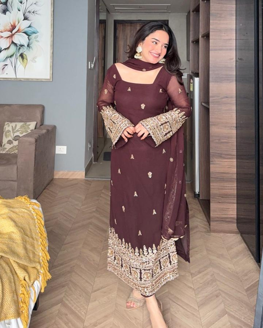 Brown Soft Georgette Embroidered Suit Set | Premium Readymade 3 Piece Ethnic Wear
