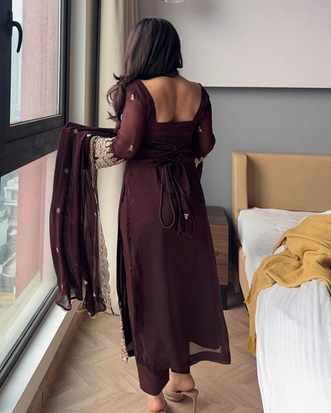 Brown Soft Georgette Embroidered Suit Set | Premium Readymade 3 Piece Ethnic Wear