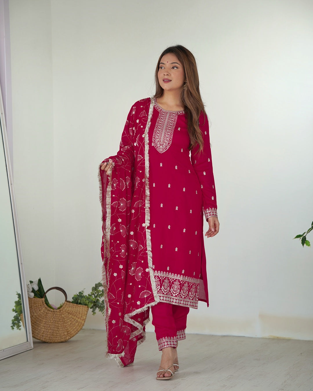 Rani Pink Color Rangoli Silk Three Piece Kurti Suit