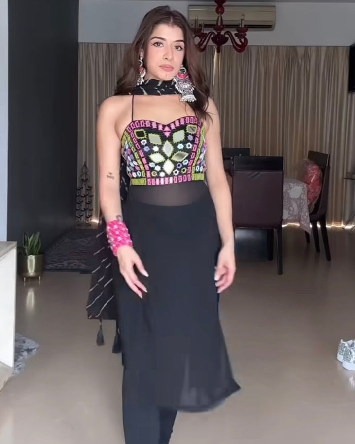 Elegant Black Navratri Kurta Set with Authentic Mirror Embellishments