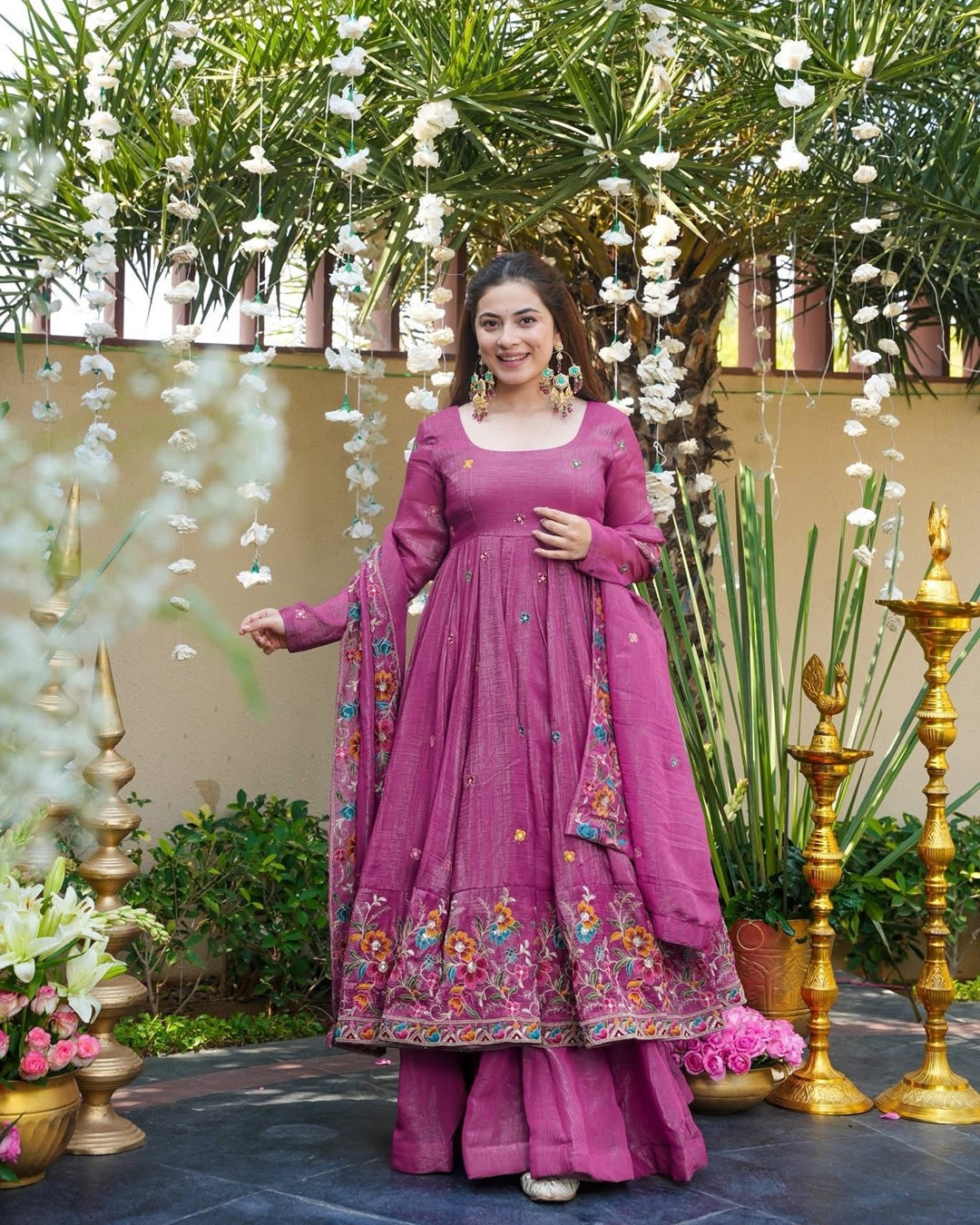 Dusty Rose Silk Gown Suit Set – Multi Embroidery & Sequin Work (3 PCS)