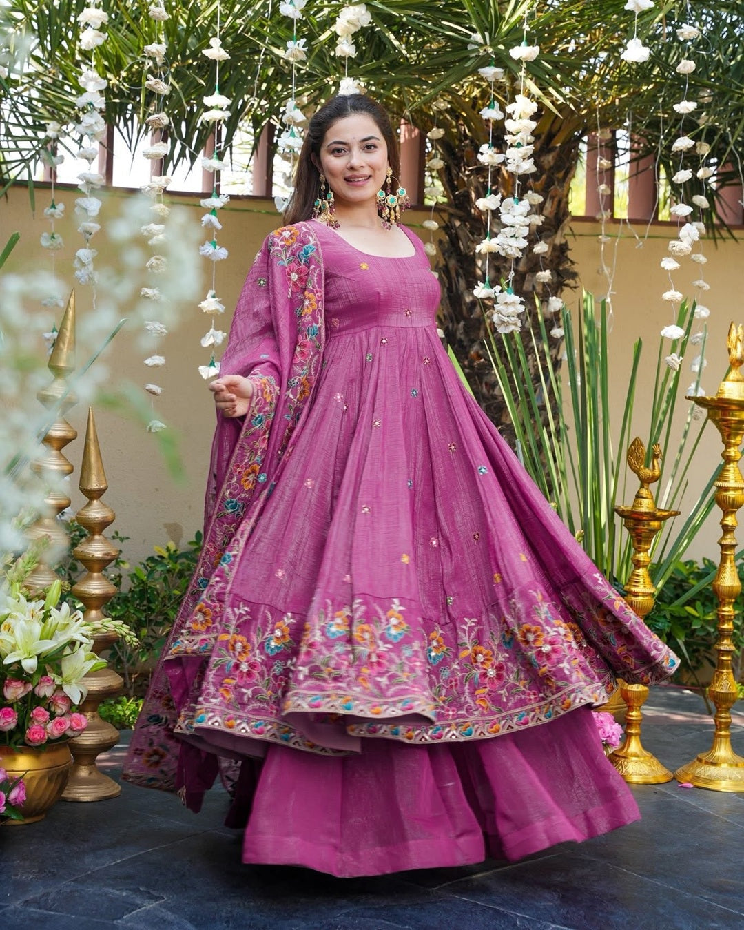 Dusty Rose Silk Gown Suit Set – Multi Embroidery & Sequin Work (3 PCS)