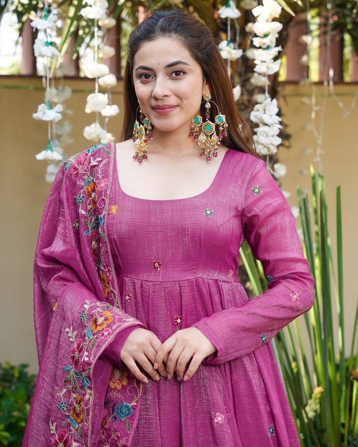 Dusty Rose Silk Gown Suit Set – Multi Embroidery & Sequin Work (3 PCS)